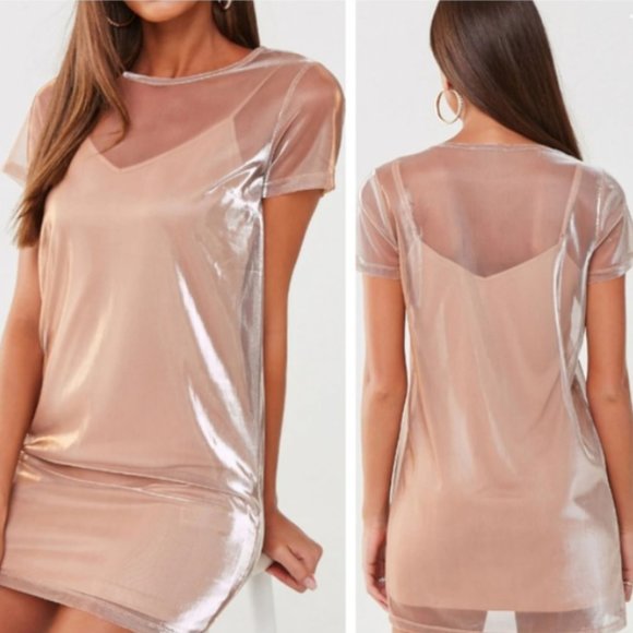 Forever 21 Dresses & Skirts - XXI Sheer Metallic Mesh Rose Gold T-Shirt Dress